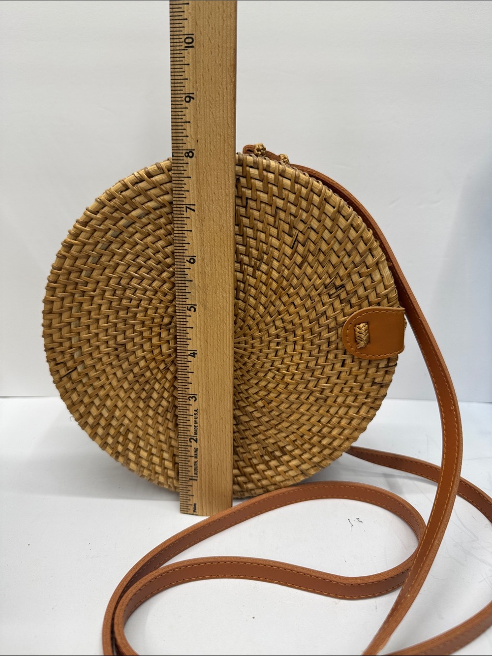 Woven Round Straw Crossbody Bag in Tan - Picture 3 of 9